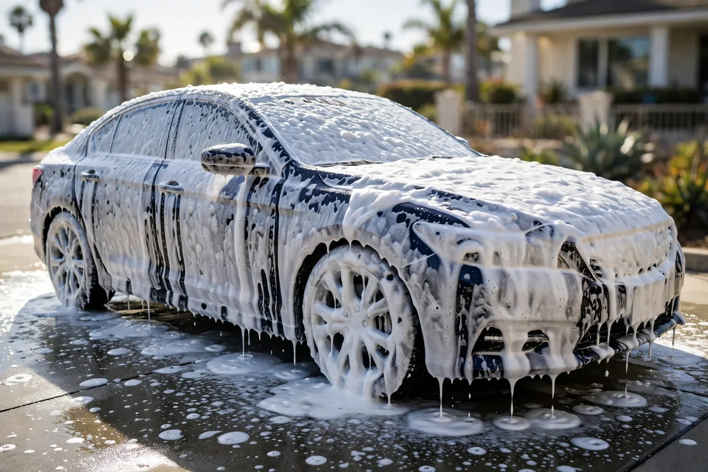 A sedan covered in a thick blanket of white wash foam, parked in a sunny Huntington Beach driveway