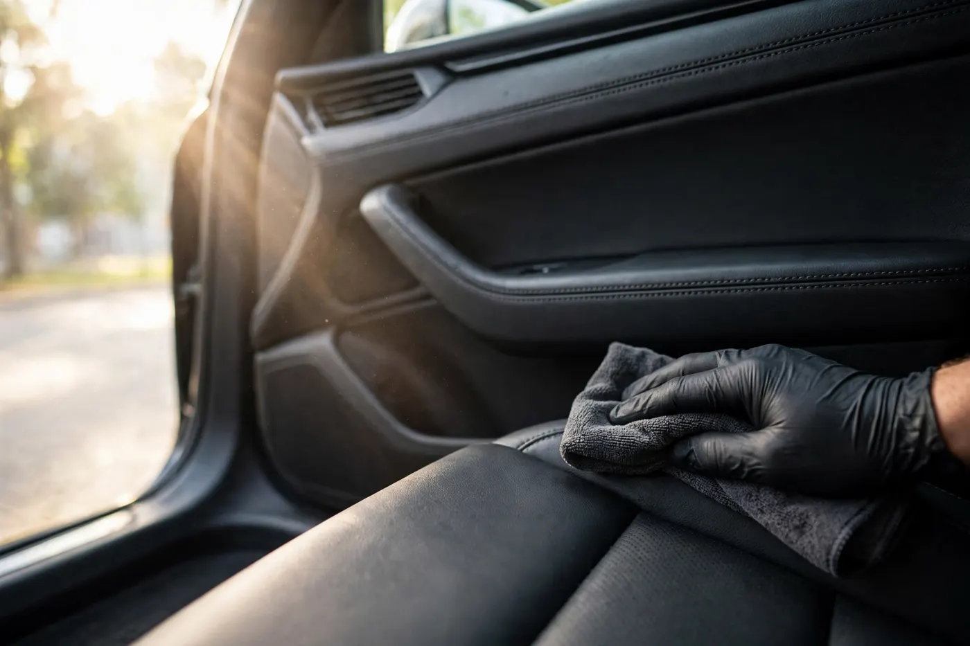 A gloved hand wiping down a clean leather car seat and door panel during an interior detail